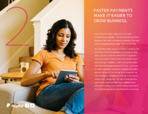 A woman sits on a couch, holding a smartphone in one hand and a cup in the other. Text beside her highlights the benefits of using PayPal for faster payments in business. Social media icons for Facebook and Twitter are at the bottom.