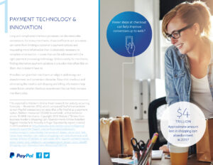 A woman wearing glasses uses a laptop at a desk. The text discusses payment technology and innovation, highlighting the importance of efficient checkout processes to reduce cart abandonment and boost sales conversion rates by up to 44%.