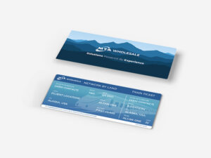 An illustrated image of two train tickets. The top ticket has a mountain design and "MTA Wholesale" text. The bottom ticket features travel details like origin "Alaska, USA," destination "Alcan, USA," and class "First-Class.