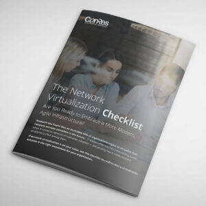 Cover of a brochure titled "The Network Virtualization Checklist." Features a blurred background with three people in discussion. The text prompts readers to consider virtualization and agile infrastructure. Logo of "Cores" is at the top.