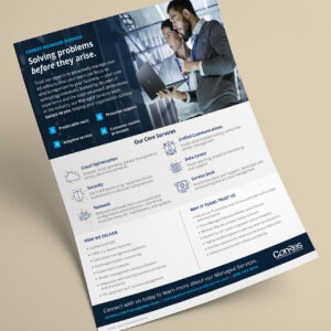 A brochure for ComRes Managed Services detailing their offerings: cloud optimization, unified communications, data center, network monitoring, security, and service desk. It highlights benefits, services, and contact information with a professional design.