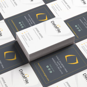 A stack of business cards for DataFile Technologies. The card features the name Janine Akers, contact details, and the address: 4301 W. Mulberry Drive, Suite 101, Kansas City, MO 64116. The design includes a yellow and gray color scheme.