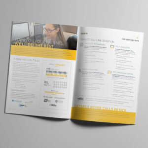 Magazine spread with text about data services, featuring a woman working at a computer and various icons. Headline reads: "Focus on your patients, we'll do the rest." Text describes services like fax, scan, and EMR conversion support.