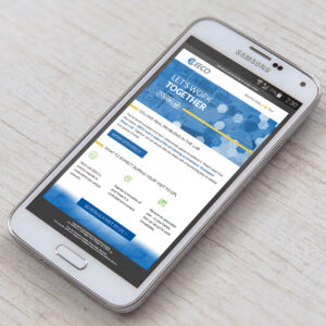 A smartphone displaying an email from ECCO with a blue geometric design. The message emphasizes collaboration and invites scheduling a visit to D-CPL. The phone is placed on a light wooden surface.