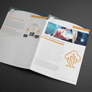 An open magazine displaying an article titled "What's Moving to the Cloud." The pages feature text, graphics of a cloud, circuit patterns, and icons related to cloud computing, set against a modern design layout.