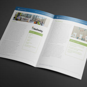 An open brochure on a dark surface, displaying two pages with text. The left page has a "Summary" section and the right page features "The Challenge." Both pages show logos and a small image at the top header section.