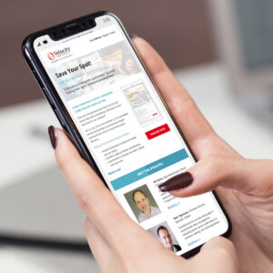 A person holds a smartphone displaying a webpage titled "Save Your Spot!" for a webinar on automated security testing in 2023. It includes speaker information and a registration button. The screen shows a corporate email layout from Velocity.