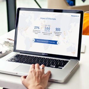 A person uses a MacBook Pro displaying a slide titled "Impact of Infections" with stats: 27% infections via unknown vectors, up to 100 hours downtime, and remediation costs. A world map and icons highlight the data.
