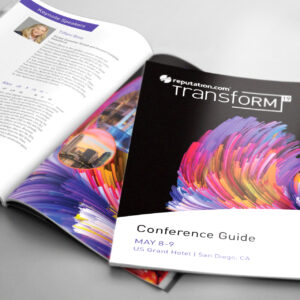 Open conference guide with a colorful abstract cover. Inside, visible text includes "Keynote Speaker" with an image of a person and details about their talk. The event details are "Transform '19" on May 8-9 at the US Grant Hotel, San Diego, CA.