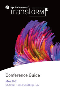 Colorful abstract brush strokes on a black background with "reputation.com transform 19" at the top. Text reads "Conference Guide, MAY 8-9, US Grant Hotel, San Diego, CA".
