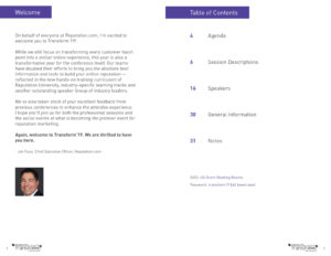 An image of a brochure's introductory page for Transform 19 with a welcome message from Joe Fuca, CEO of Reputation.com, next to his photo. The Table of Contents lists: Agenda, Session Descriptions, Speakers, General Information, and Notes.