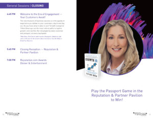 A program page featuring a schedule for an event with sessions at 4:45 PM, 5:45 PM, and 7:00 PM. On the right, there's an image of a woman with long blonde hair and a book titled "Growth IQ." A text encourages playing the Passport Game to win.