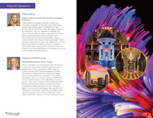 A brochure page featuring keynote speakers Tiffani Bova and Alexandra Morehouse. Includes their photos, professional titles, and descriptions. Background has a colorful abstract design with cityscape images at the bottom.