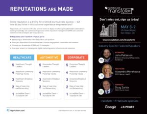 A promotional flyer for the Reputation.com Transform 2019 event held on May 8-9 at the US Grant Hotel, San Diego. It lists industry tracks for healthcare, automotive, and corporate, and features speakers with sponsor logos for Google and J.D. Power.