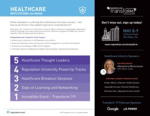A digital flyer for Transform 2019, a healthcare reputation conference on May 8-9 in Austin, TX. It highlights key sessions, speakers, and sponsors, emphasizing reputation strategies and industry insights.