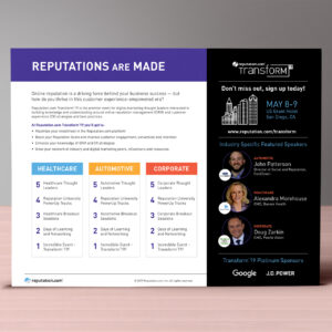 Informational flyer about the Transform conference on May 8-9 in San Diego, focused on reputation management. Includes topics like Healthcare, Automotive, and Corporate Thought Leadership, and lists featured speakers. Partners include Google and J.D. Power.