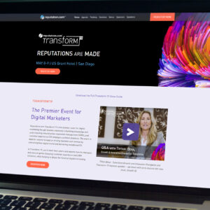 A webpage promoting Transform'19, a digital marketing event. It features event details, dates (May 8-9), and location (US Grant Hotel, San Diego). Includes a Q&A video with a female speaker and registration buttons.
