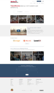 Screenshot of a website's homepage featuring a navigation bar, a tagline about communication solutions, sections for products like cloud phones and conferencing, logos of partners, and a contact form. The footer contains links to services, solutions, and contact info.
