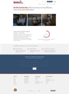 Screenshot of the Select Communications website. It features a header with the company logo and navigation menu, followed by sections detailing conferencing solutions: audio, video, and web. Includes a contact form and testimonials, emphasizing affordability and collaboration.