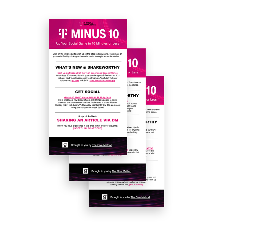 A stack of branded documents titled "T-Minus 10: Up Your Social Game in 10 Minutes or Less." The text includes sections like "What's New & Shareworthy" and "Get Social," with a logo and footer mentioning "The Glue Method.