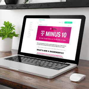 A laptop on a desk displays an email with a bright pink header titled "T-MINUS 10." The email promotes enhancing social media skills quickly. A white mouse and a small plant in a white pot are next to the laptop.