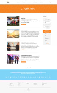 Screenshot of a webpage titled "Tosca News" featuring various articles and images. Includes a main article with a group photo, a highlighted calendar showing June 2017, and company contact information at the bottom.
