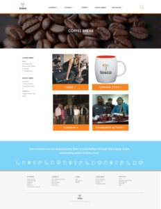 Screenshot of a webpage with a header image of coffee beans. Below are sections titled Perks, Company Store, Company, and Community Activity with related images. The footer contains contact information and navigation links.