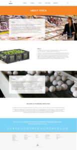 Website page titled "About Tosca" featuring sections with images of a woman shopping, a crate of green produce, and eggs on a conveyor. Includes text about company mission and reusable packaging. Footer shows contact information and social media icons.