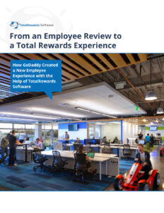 Open office space with people working at desks and a person in a small go-kart. Text on image: "From an Employee Review to a Total Rewards Experience" and "How GoDaddy Created a New Employee Experience with the Help of TotalRewards Software.