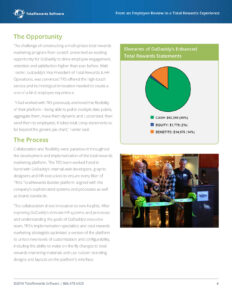 A page from a brochure discussing GoDaddy's enhanced total rewards. It includes a pie chart with cash, equity, and benefits sections and a photo of people holding a large check. The text describes the opportunity and process involved.