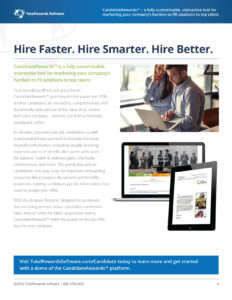 A TotalRewards Software flyer promoting CandidateRewards, a tool for marketing hard-to-fill positions. Features benefits like interactive content, personalization, and access on multiple devices. Includes a call to action to visit their website.