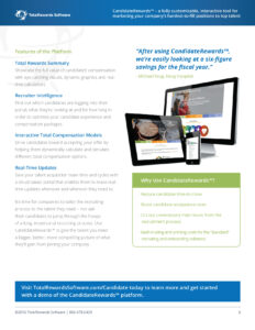 A promotional flyer for CandidateRewards software. Features include total rewards summary, recruiter intelligence, and interactive compensation models. A testimonial from Michael Krug, Hope Hospital, is highlighted, along with benefits of the service.