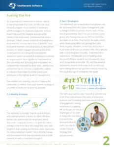 A document from Total Rewards Software featuring key benefits of investment in human capital. It includes sections titled "1. A Healthy Economy," "2. Gen Y Employees," and a statistic about employees who lack company loyalty.
