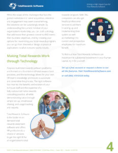 An informational brochure about Total Rewards Software, highlighting how they optimize rewards programs through technology. It features text blocks, icons of a person and gears, and contact details.