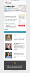 A promotional image for a Velocity webinar titled "3 Reasons to Integrate Automated Security Testing into Agile Software Development," featuring speaker bios, registration button, date, and time. Offers free perks and links to more speaker info.
