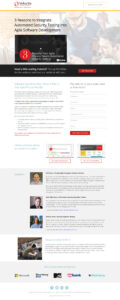 A webpage for a webinar by Velocity Partners on integrating automated security testing into agile software development. It features a sign-up form, speaker bios with photos, and logos of partner companies like Microsoft and HSBC.