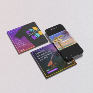 Three digital advertisement graphics and a smartphone. One ad features a "Grand Canyon Disaster," another promotes a "Felicity Beach Package," and the third seeks "Fiber Diversity." The smartphone displays a similar beach-themed ad.