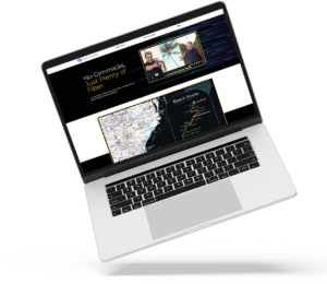 Laptop displaying a website with a tagline "No Gimmicks, Just Plenty of Fiber" and images of two people. Below is a map labeled "Beach Route" with a highlighted path along the East Coast. The screen is tilted slightly upwards.