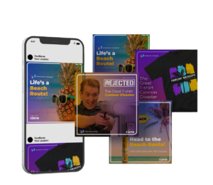 A collage of beach-themed posters and social media post mockups. Includes slogans like "Life's a Beach Route!" and "The Great T-shirt Cannon Disaster." Featured are palm trees, pineapples, colorful t-shirts, and graphic designs.