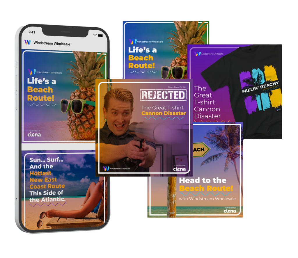 A collage featuring a man reacting with surprise amid vacation-themed items: a palm tree, pineapple, beach T-shirts, and colorful posters. Text mentions "Life's a Beach," "Feelin' Beachy," and "The Great T-shirt Cannon Disaster.