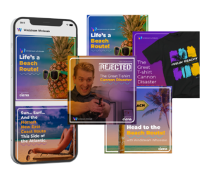 A collage featuring a man reacting with surprise amid vacation-themed items: a palm tree, pineapple, beach T-shirts, and colorful posters. Text mentions "Life's a Beach," "Feelin' Beachy," and "The Great T-shirt Cannon Disaster.