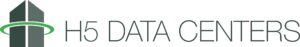 Logo of H5 Data Centers featuring two stylized vertical rectangles resembling a building with a green circular swoosh around them, followed by the text "H5 DATA CENTERS" in capital letters.