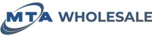 Logo of MTA Wholesale featuring the text "MTA" in bold blue letters with a swoosh-like design encircling the "M". The words "WHOLESALE" are written in a lighter shade of blue.