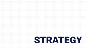The image features a white dotted background with the text "STRATEGY" in bold navy blue letters at the bottom right corner.