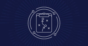 White line drawing of a clipboard with a strategy diagram—arrows and Xs—on a dark blue background with radial lines and a circular orbit-like design around the clipboard.