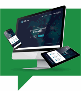 A desktop monitor, tablet, and smartphone display the same business website with a dark blue theme and world map background, illustrating responsive web design across multiple devices.