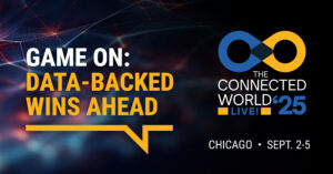 Event graphic featuring "Game On: Data-Backed Wins Ahead," highlights "The Connected World LIVE! '25," Chicago • Sept. 2-5, and a blue-yellow infinity logo on a dark background—spotlighting PAM content strategy framework for industry leaders.