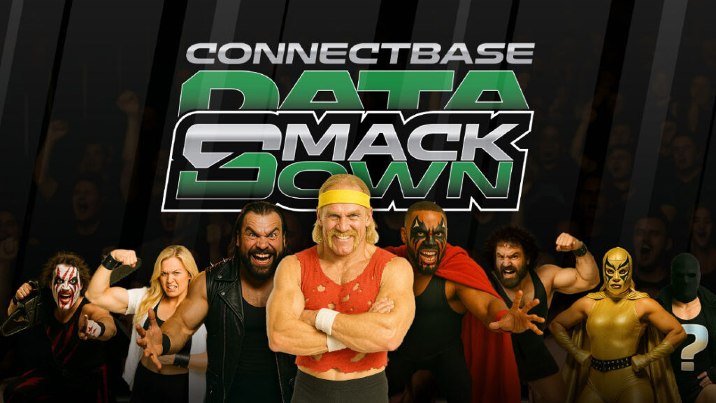 A group of wrestlers in colorful costumes stand in front of a cheering crowd, with “Connectbase Data Smackdown” in bold letters above them.