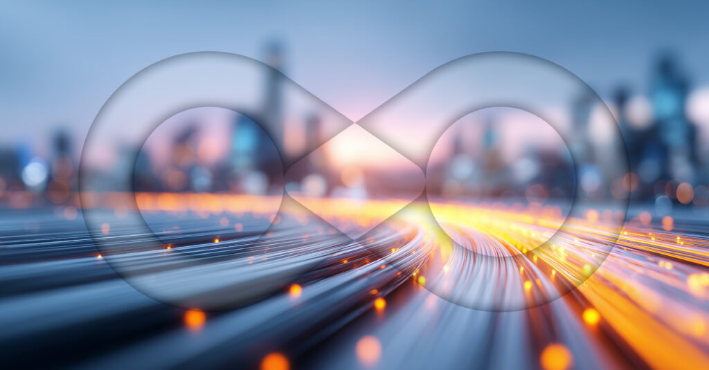 A blurred cityscape with glowing lines representing data flow in the foreground and a transparent infinity symbol overlay, evoking technology, innovation, and limitless possibilities—an image inspired by the TCW 2025 executive summary.