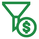 A green funnel icon next to a green coin with a dollar sign, representing financial conversion or sales funnel concepts.